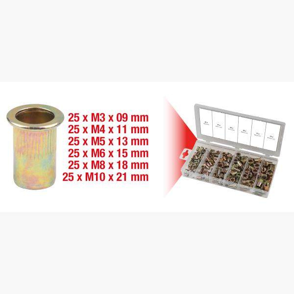 Sortiment Gewindenieten, Stahl, M3x9mm-M10x21mm, 150-tlg